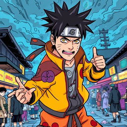 Jim Carrey transformed into a Naruto character in vibrant colored manga style