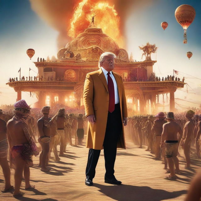 A high-quality digital art piece, vividly portraying Donald Trump at the Burning Man festival