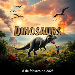 A movie poster for a film featuring dinosaurs, set to premiere on February 8, 2025