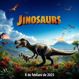 A movie poster for a film featuring dinosaurs, set to premiere on February 8, 2025