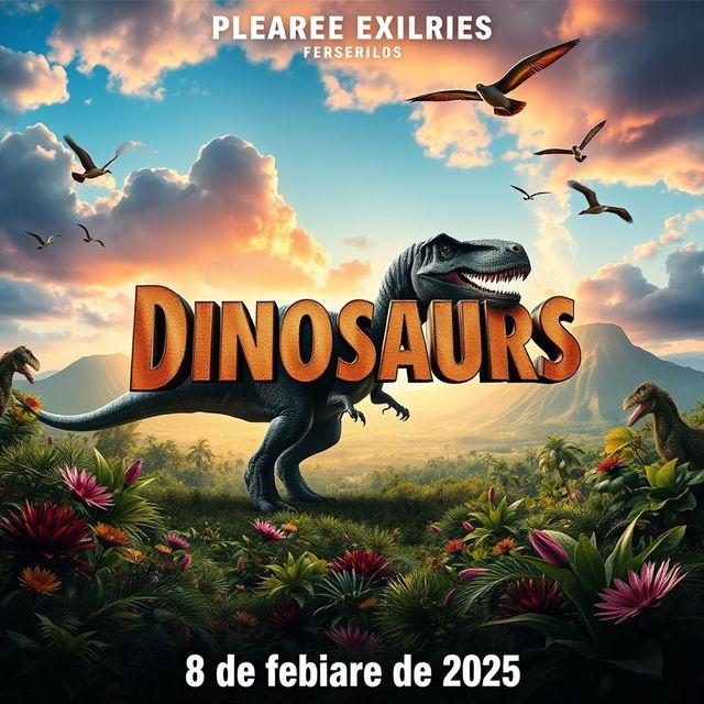 A movie poster for a film featuring dinosaurs, set to premiere on February 8, 2025