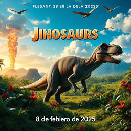 A movie poster for a film featuring dinosaurs, set to premiere on February 8, 2025