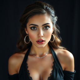 A beautiful 30-year-old woman dressed in a sexy yet tasteful outfit, maintaining an air of mystery without revealing any skin
