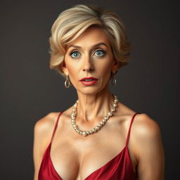 A stunning 50-year-old woman dressed in a sexy yet modest outfit, maintaining an air of elegance while not revealing any skin