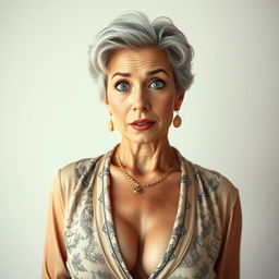 A stunning 50-year-old woman dressed in a sexy yet modest outfit, maintaining an air of elegance while not revealing any skin