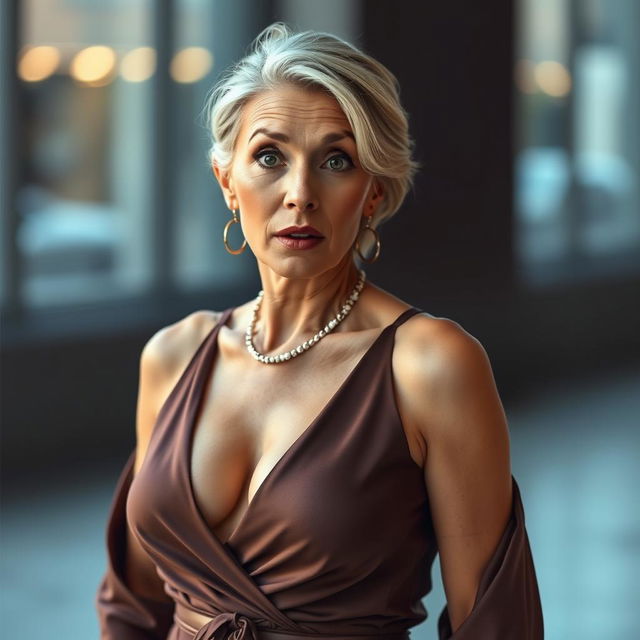 A stunning 50-year-old woman dressed in a sexy yet modest outfit that tastefully conceals any revealing elements