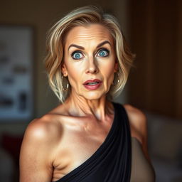 A stunning 50-year-old woman dressed in a sexy yet modest outfit that tastefully conceals any revealing elements
