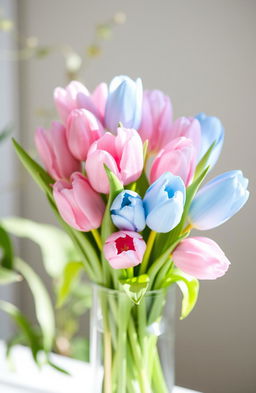 A beautiful bouquet of light blue and pink tulips arranged elegantly in a clear glass vase