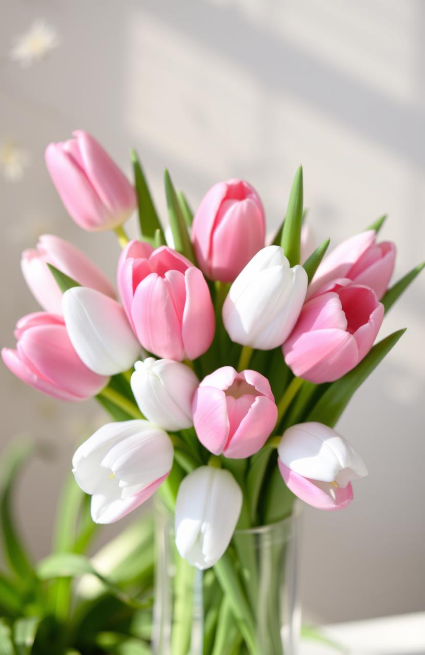 A beautiful bouquet of light blue and pink tulips arranged elegantly in a clear glass vase