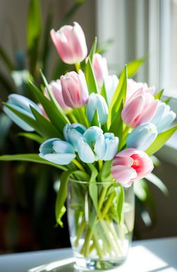 A beautiful bouquet of light blue and pink tulips arranged elegantly in a clear glass vase