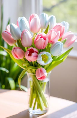 A beautiful bouquet of light blue and pink tulips arranged elegantly in a clear glass vase