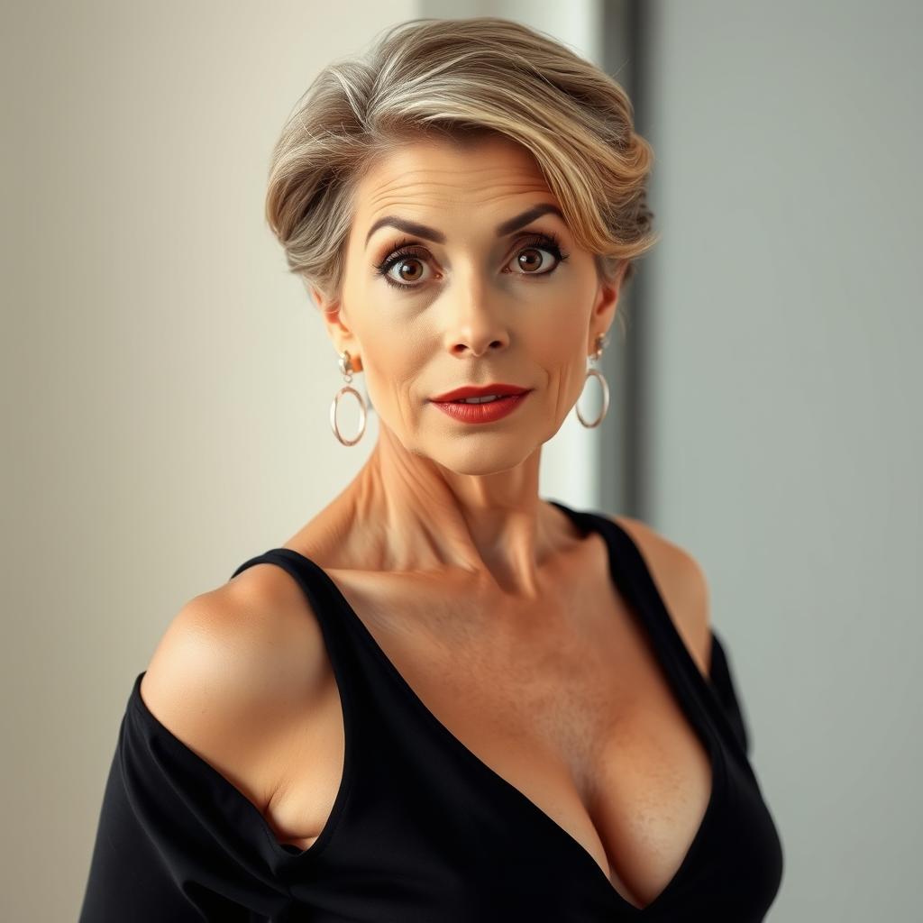 A stunning 50-year-old woman dressed in a sexy yet completely modest outfit, with no neckline or revealing elements, embodying elegance and allure