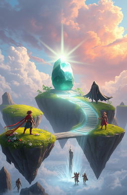 Floating islands in a fantasy world, featuring a powerful magical stone radiating energy