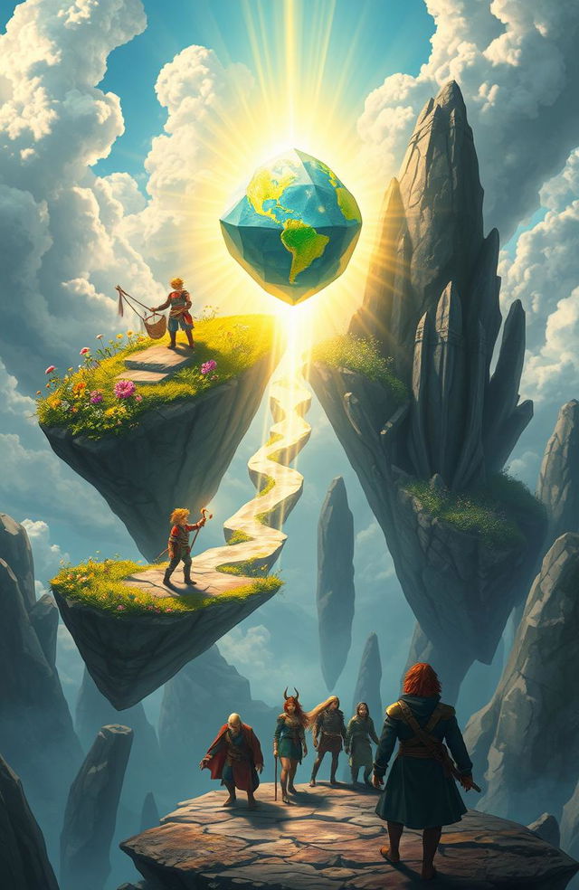 Floating islands in a fantasy world, featuring a powerful magical stone radiating energy