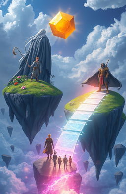 Floating islands in a fantasy world, featuring a powerful magical stone radiating energy