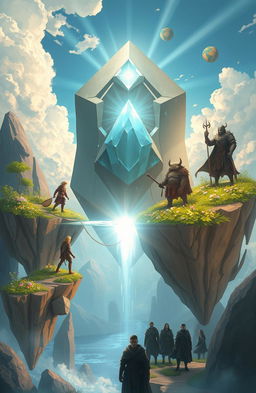 Floating islands in a fantasy world, featuring a powerful magical stone radiating energy