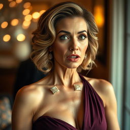 A beautiful 50-year-old woman, exuding elegance and charm, dressed in a sexy yet sophisticated dress that does not reveal much, with no cleavage visible