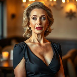 A beautiful 50-year-old woman, exuding elegance and charm, dressed in a sexy yet sophisticated dress that does not reveal much, with no cleavage visible