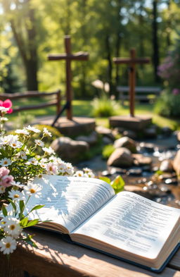 A peaceful Christian setting in a sunlit garden with blooming flowers, a wooden bench, and a rustic wooden cross in the background