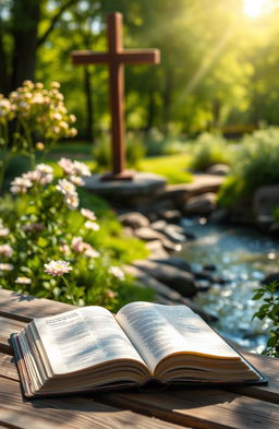 A peaceful Christian setting in a sunlit garden with blooming flowers, a wooden bench, and a rustic wooden cross in the background