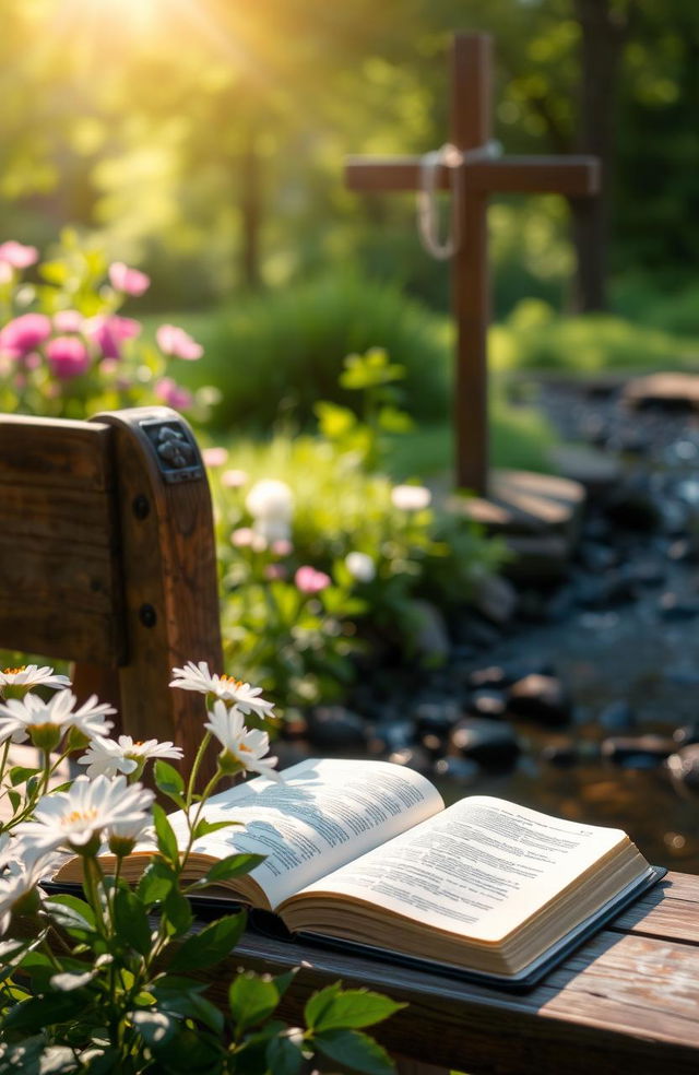 A peaceful Christian setting in a sunlit garden with blooming flowers, a wooden bench, and a rustic wooden cross in the background