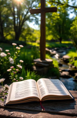 A peaceful Christian setting in a sunlit garden with blooming flowers, a wooden bench, and a rustic wooden cross in the background