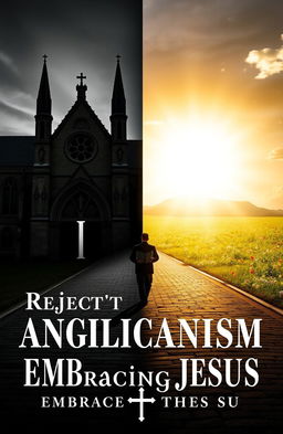 A reflective design featuring a crossroads symbolizing a pivotal decision, with one side showing an imposing Anglican church with ornate spires and shadowed doors that evoke tradition and rigidity
