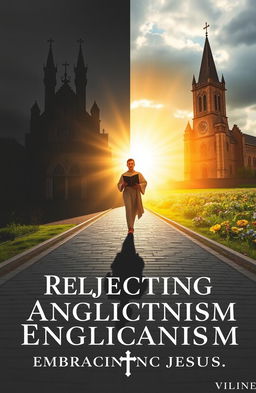 A reflective design featuring a crossroads symbolizing a pivotal decision, with one side showing an imposing Anglican church with ornate spires and shadowed doors that evoke tradition and rigidity