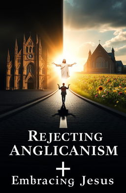 A reflective design featuring a crossroads symbolizing a pivotal decision, with one side showing an imposing Anglican church with ornate spires and shadowed doors that evoke tradition and rigidity