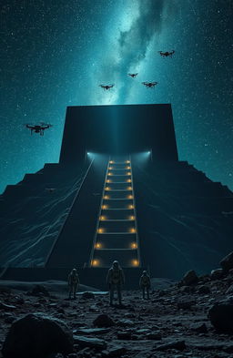 A surreal and breathtaking landscape featuring gigantic long stairs ascending towards a colossal rectangular black building that measures ten kilometers wide and five kilometers tall