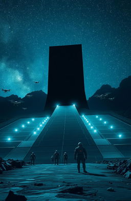 A surreal and breathtaking landscape featuring gigantic long stairs ascending towards a colossal rectangular black building that measures ten kilometers wide and five kilometers tall