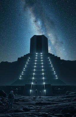 A surreal and breathtaking landscape featuring gigantic long stairs ascending towards a colossal rectangular black building that measures ten kilometers wide and five kilometers tall