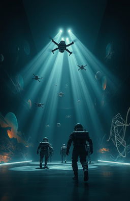 Inside a gigantic cubic hall shrouded in darkness, several cosmonauts clad in futuristic exoskeletons are gracefully navigating the vast space