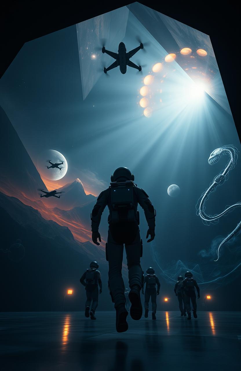 Inside a gigantic cubic hall shrouded in darkness, several cosmonauts clad in futuristic exoskeletons are gracefully navigating the vast space