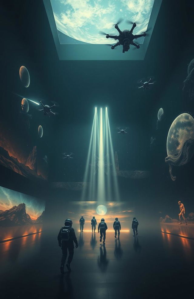 Inside a gigantic cubic hall shrouded in darkness, several cosmonauts clad in futuristic exoskeletons are gracefully navigating the vast space