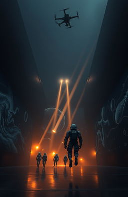 Inside a gigantic cubic hall shrouded in darkness, several cosmonauts clad in futuristic exoskeletons are gracefully navigating the vast space