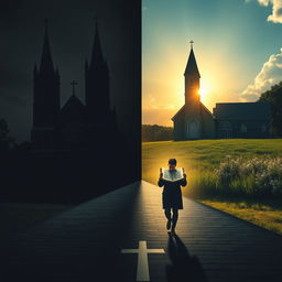 A reflective design featuring a crossroads symbolizing a life-altering decision