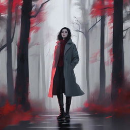 A high-quality digital artwork depicts a stunning woman standing amidst a shadowy forest