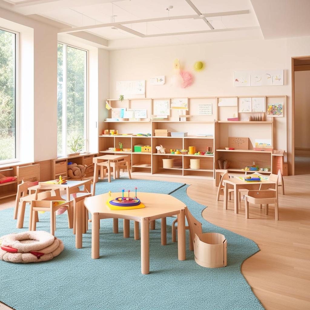 A bright and colorful Montessori classroom play area featuring educational toys, soft rugs, and wooden furniture.