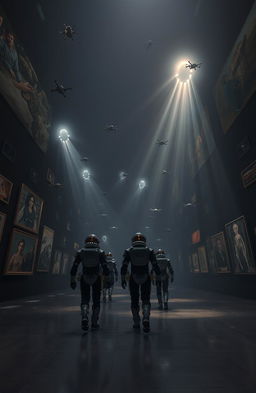 Inside a gigantic cubic hall bathed in darkness, a group of cosmonauts adorned in sleek, futuristic exoskeletons walk purposefully
