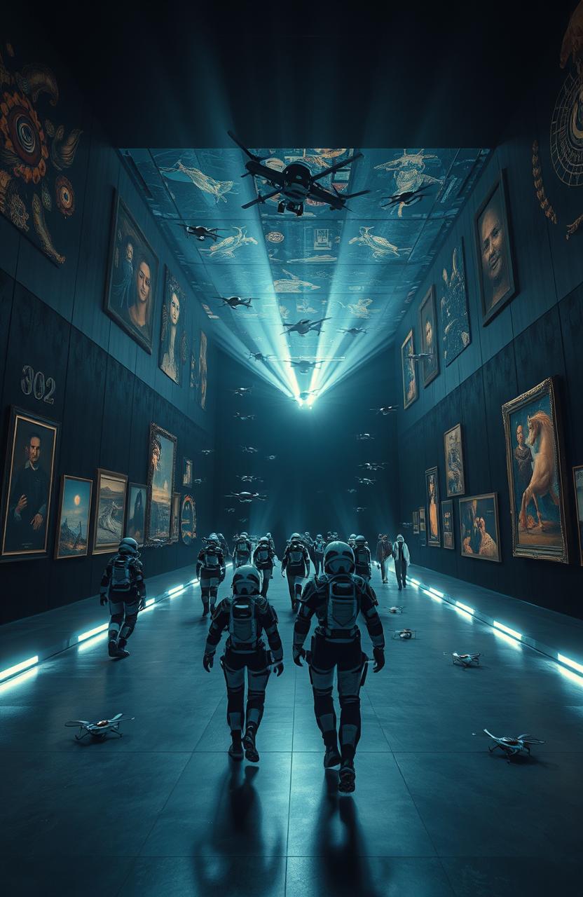 Inside a gigantic cubic hall bathed in darkness, a group of cosmonauts adorned in sleek, futuristic exoskeletons walk purposefully