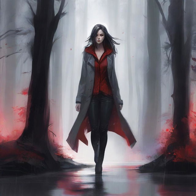 A high-quality digital artwork depicts a stunning woman standing amidst a shadowy forest