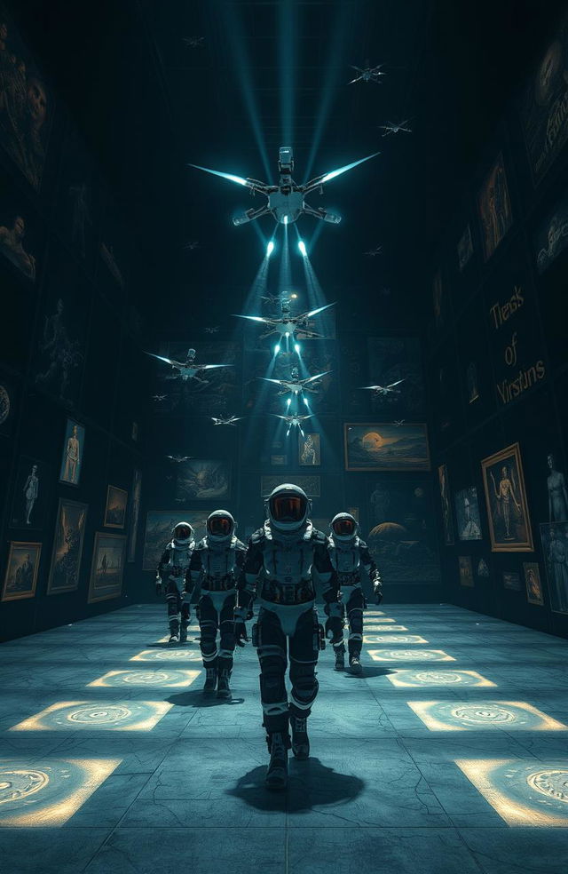 Inside a gigantic cubic hall bathed in darkness, a group of cosmonauts adorned in sleek, futuristic exoskeletons walk purposefully