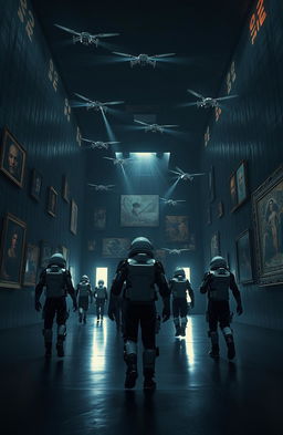 Inside a gigantic cubic hall bathed in darkness, a group of cosmonauts adorned in sleek, futuristic exoskeletons walk purposefully