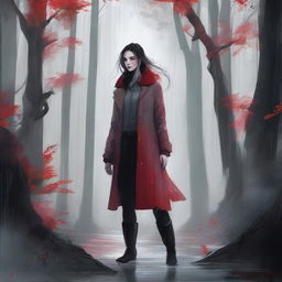 A high-quality digital artwork depicts a stunning woman standing amidst a shadowy forest