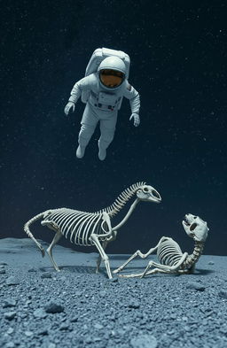 A serene scene of a cosmonaut floating above two horse skeletons half-buried in grey, rocky soil during a starry night