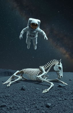 A serene scene of a cosmonaut floating above two horse skeletons half-buried in grey, rocky soil during a starry night