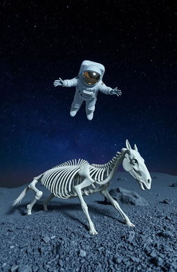 A serene scene of a cosmonaut floating above two horse skeletons half-buried in grey, rocky soil during a starry night