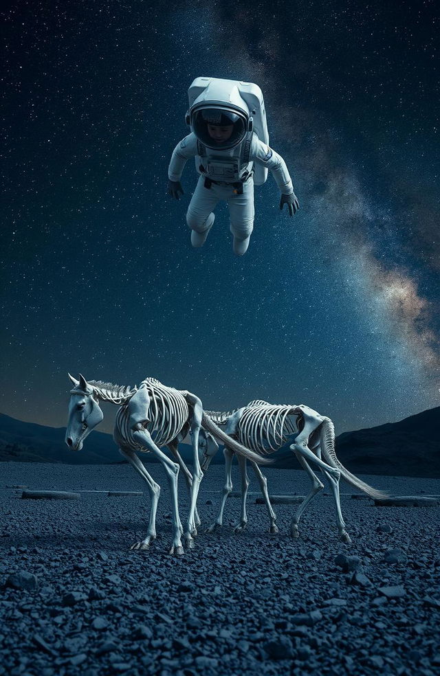 A serene scene of a cosmonaut floating above two horse skeletons half-buried in grey, rocky soil during a starry night