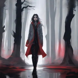 A high-quality digital artwork depicts a stunning woman standing amidst a shadowy forest